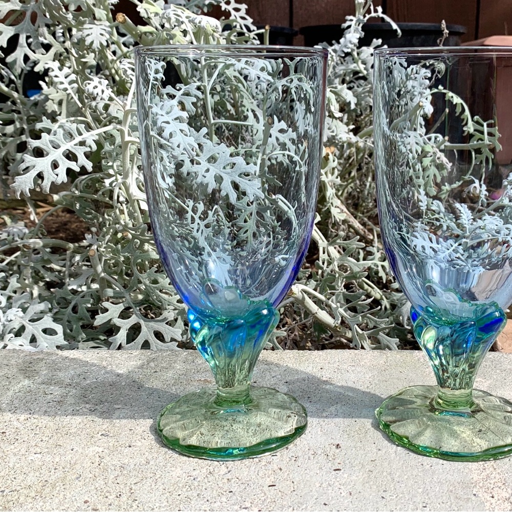 Set of two Bormioli Rocco Elegant Blue and Green Glass Goblets iridescent